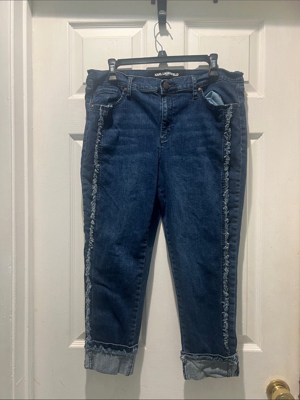 Karl Lagerfeld Dark Indigo Frayed-Trim Boyfriend Jeans